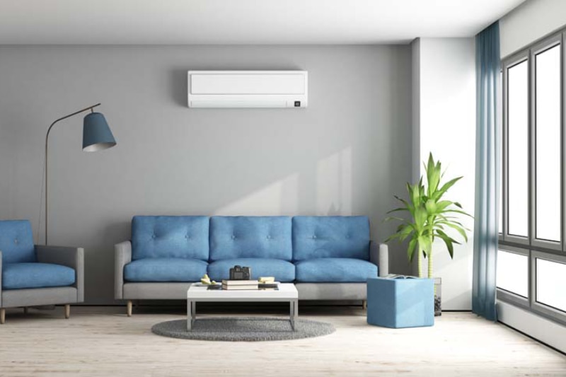 Ductless Mini Splits for Comfortable and Healthy Living. Blue and gray modern living room with sofa, armchair and air conditioner - 3d rendering.