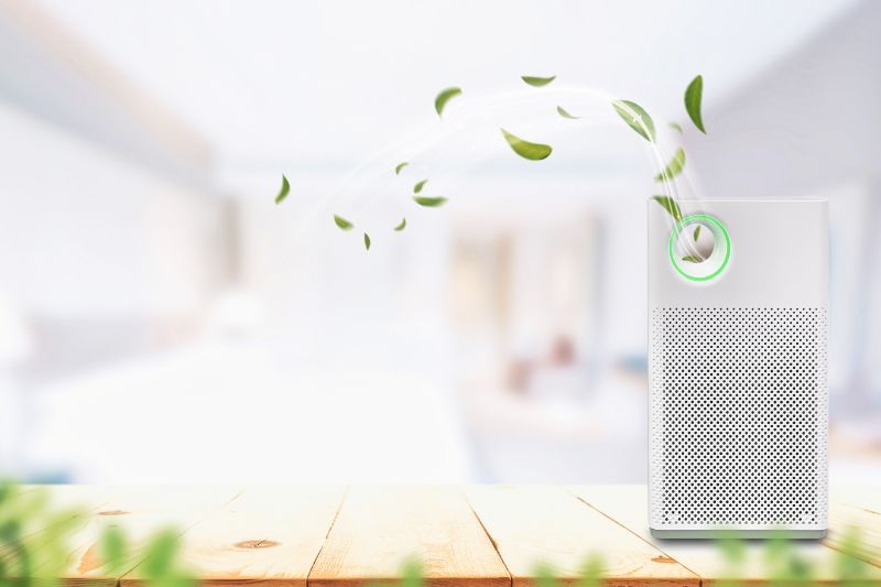 Image of air purifier. Green leaves.